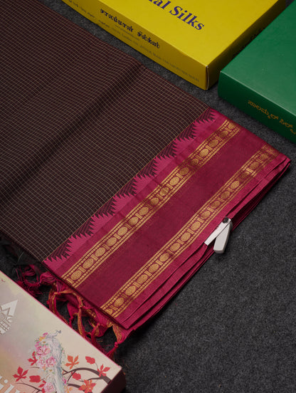 Beautiful Cream Sandal Small Checks Pure Cotton Saree With Contrast Brown Traditional Rettapet & Temple Border