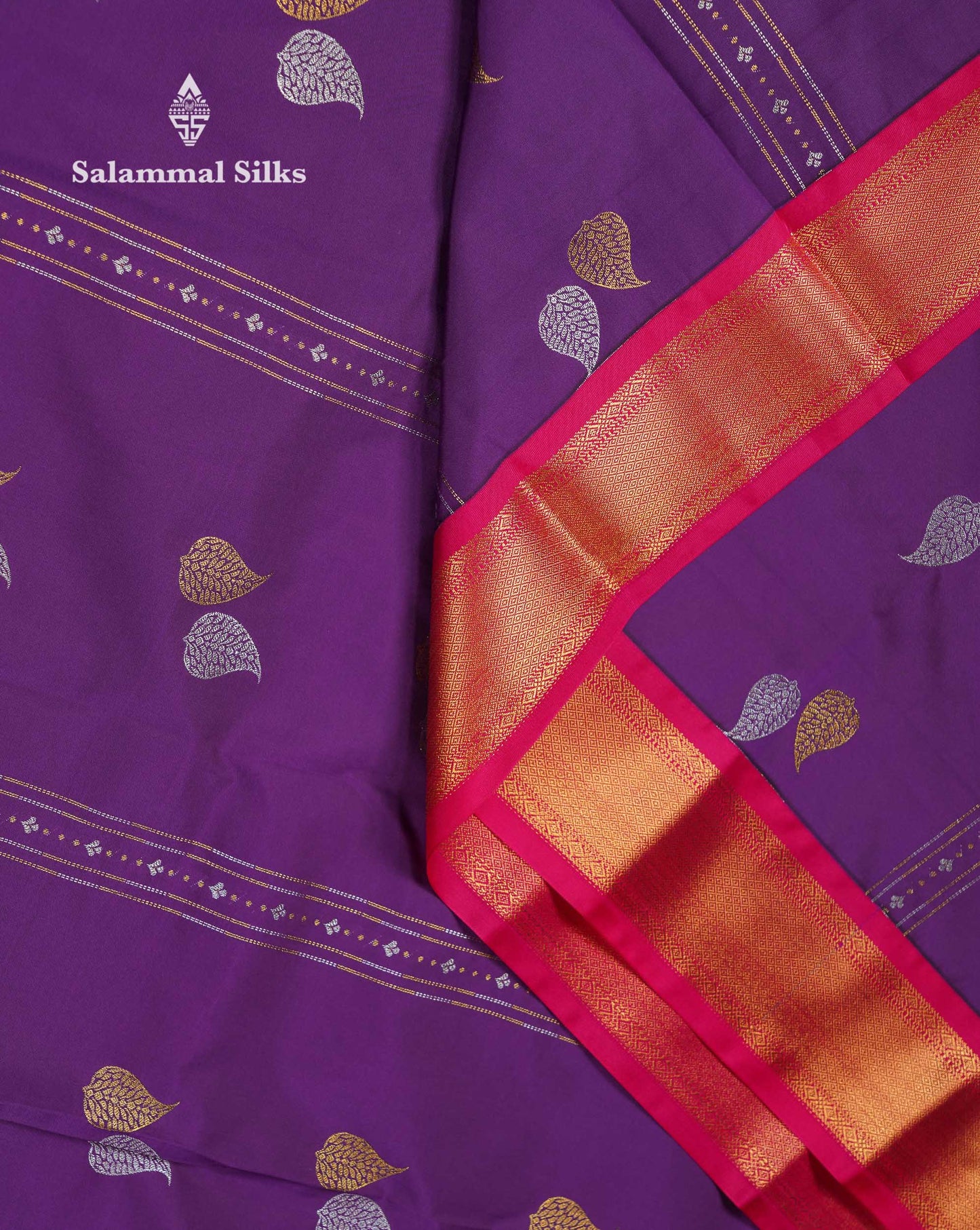 Beautiful Dark Purple Silver & Gold Zari Butta Semi Silk Saree With Contrast Pink Traditional Pallakku Evening Morning Border