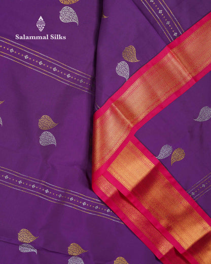 Beautiful Dark Purple Silver & Gold Zari Butta Semi Silk Saree With Contrast Pink Traditional Pallakku Evening Morning Border