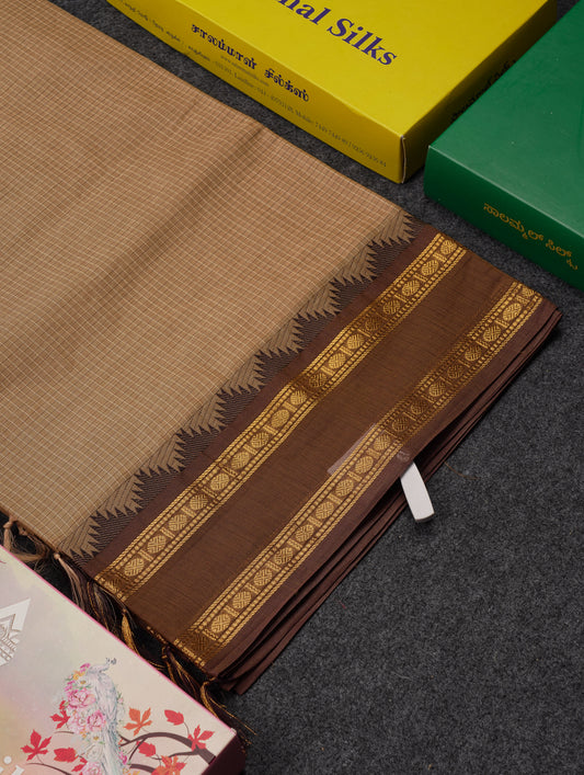 Beautiful Cream Sandal Small Checks Pure Cotton Saree With Contrast Brown Traditional Rettapet & Temple Border