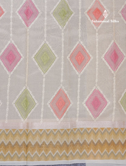 Half White Tiny Zari Checks Embroidery Work Fancy Tissue Kota Saree With Contrast Brown Border