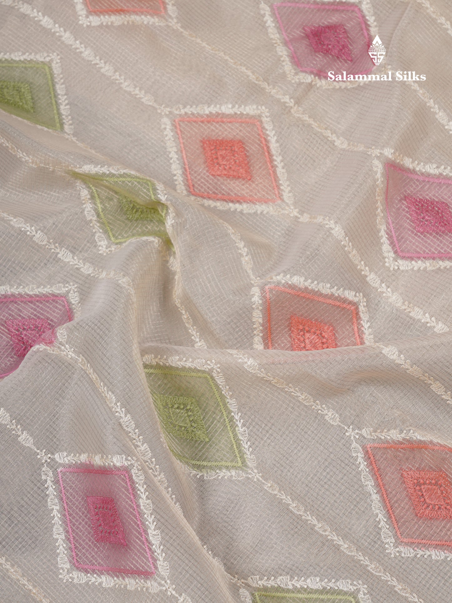 Half White Tiny Zari Checks Embroidery Work Fancy Tissue Kota Saree With Contrast Brown Border