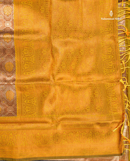 Semi Tussar Saree - Copper Colour Body Tissue With Contrast Mustard Yellow Fancy Border