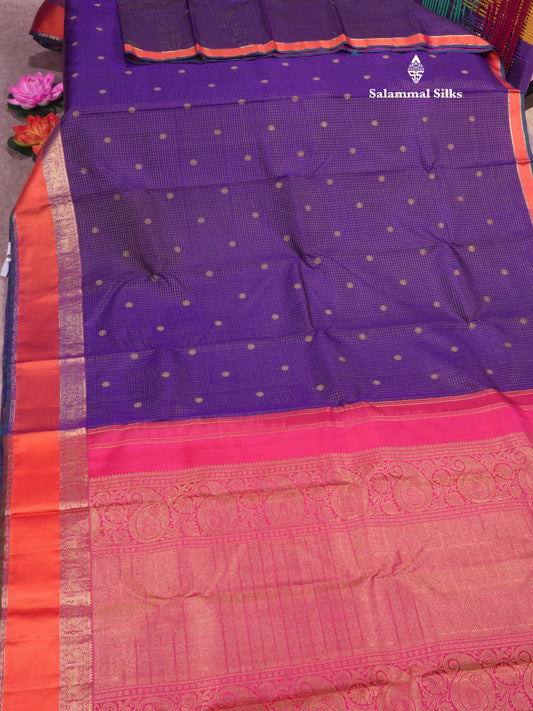 Kanjivaram Beautiful Violet 3G Pure Zari Checks Pure Silk Saree With Traditional Korvai Border
