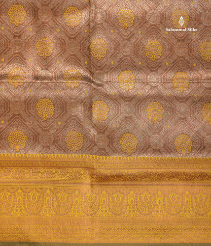 Semi Tussar Saree - Copper Colour Body Tissue With Contrast Mustard Yellow Fancy Border
