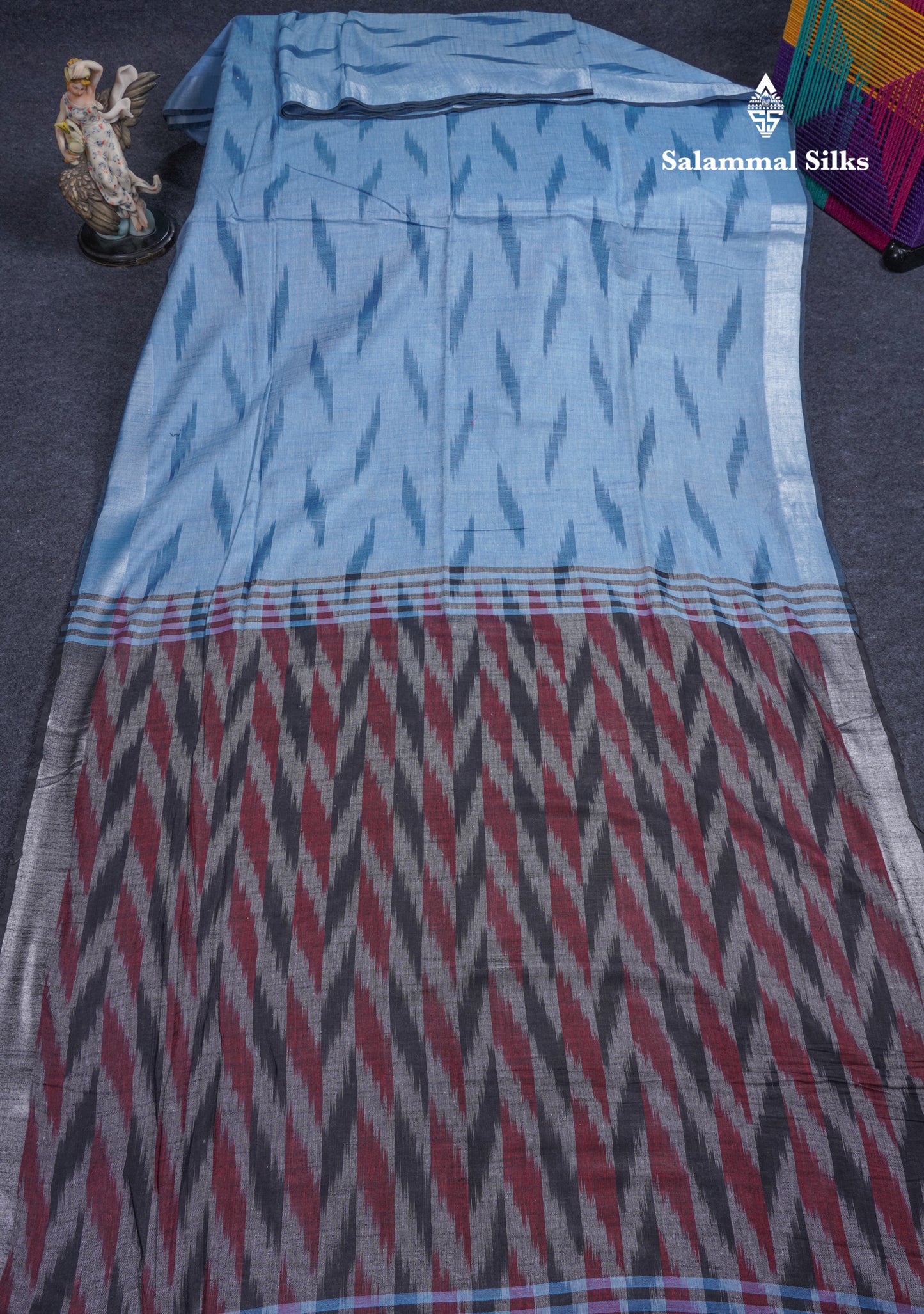 Light Blue Semi Linen Fancy Saree With Contrast Grey Blouse