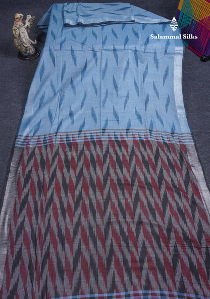 Light Blue Semi Linen Fancy Saree With Contrast Grey Blouse