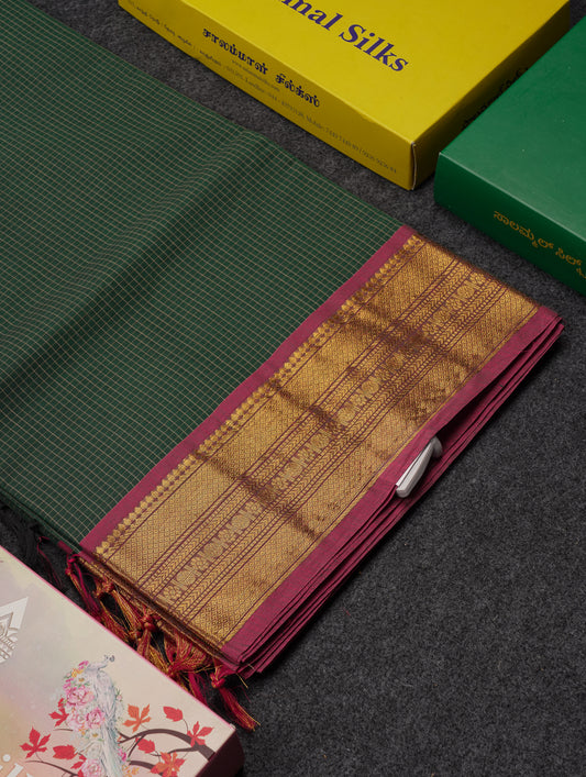 Beautiful Bottle Green Small Checks Pure Cotton Saree With Contrast Magenta Traditional Border