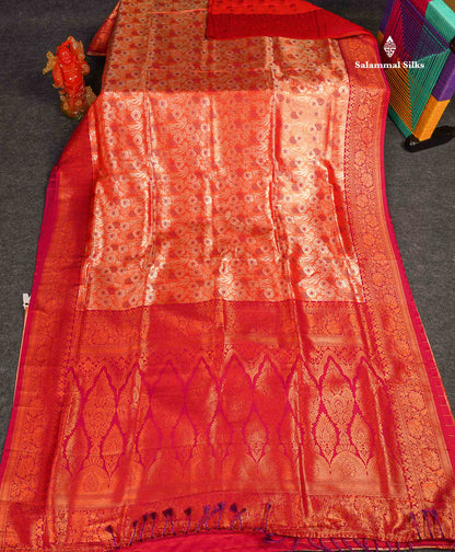 Semi Tussar Saree - Orange Colour Body Tissue With Contrast Magenta Pink Fancy Border 