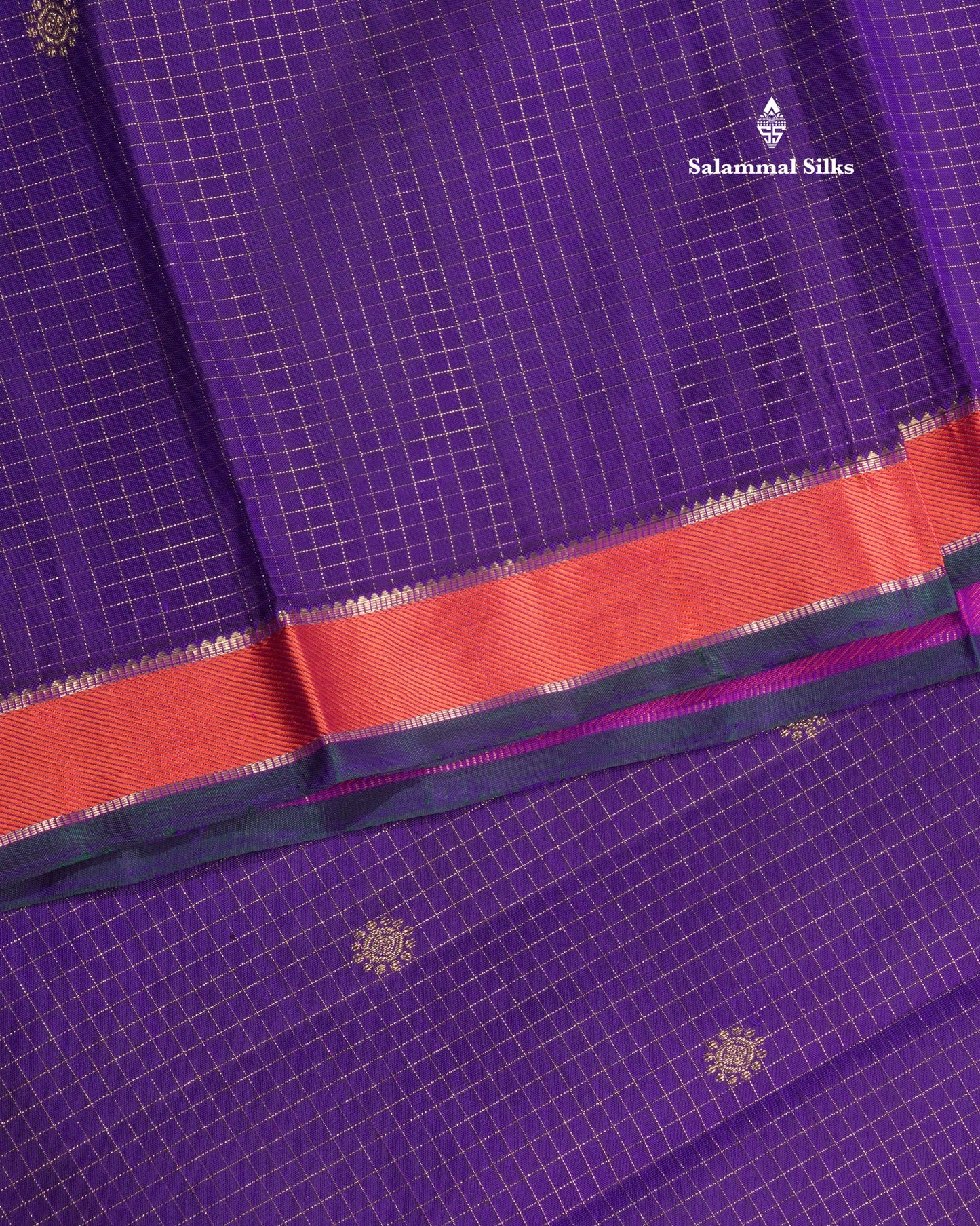 Kanjivaram Beautiful Violet 3G Pure Zari Checks Pure Silk Saree With Traditional Korvai Border