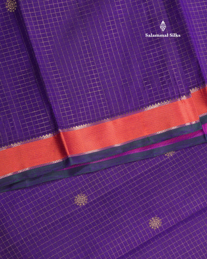 Kanjivaram Beautiful Violet 3G Pure Zari Checks Pure Silk Saree With Traditional Korvai Border