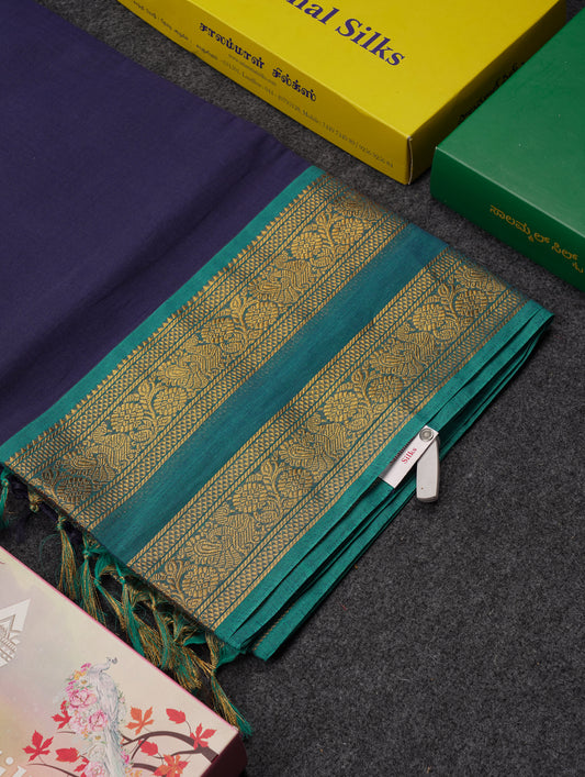 Beautiful Navy Blue Pure Cotton Saree With Contrast Sapphire Green Traditional Gap Border