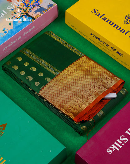Beautiful Bottle Green Pure Kanjivaram Silk Saree With Contrast Rust Orange Traditional Border