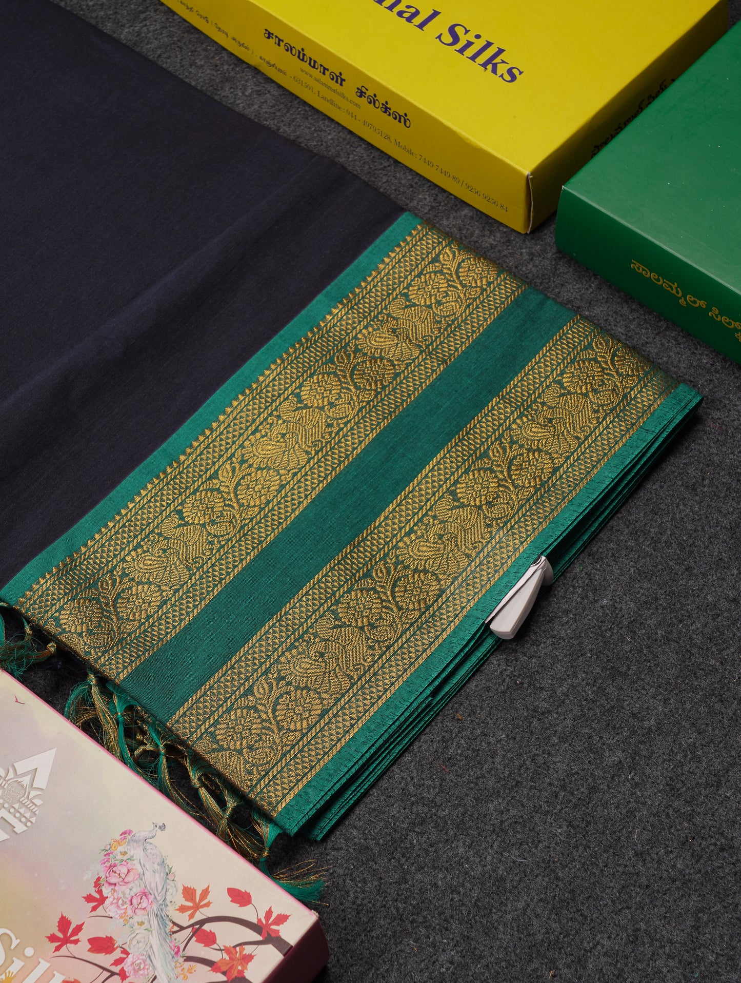 Beautiful Navy Blue Pure Cotton Saree With Contrast Sapphire Green Traditional Gap Border