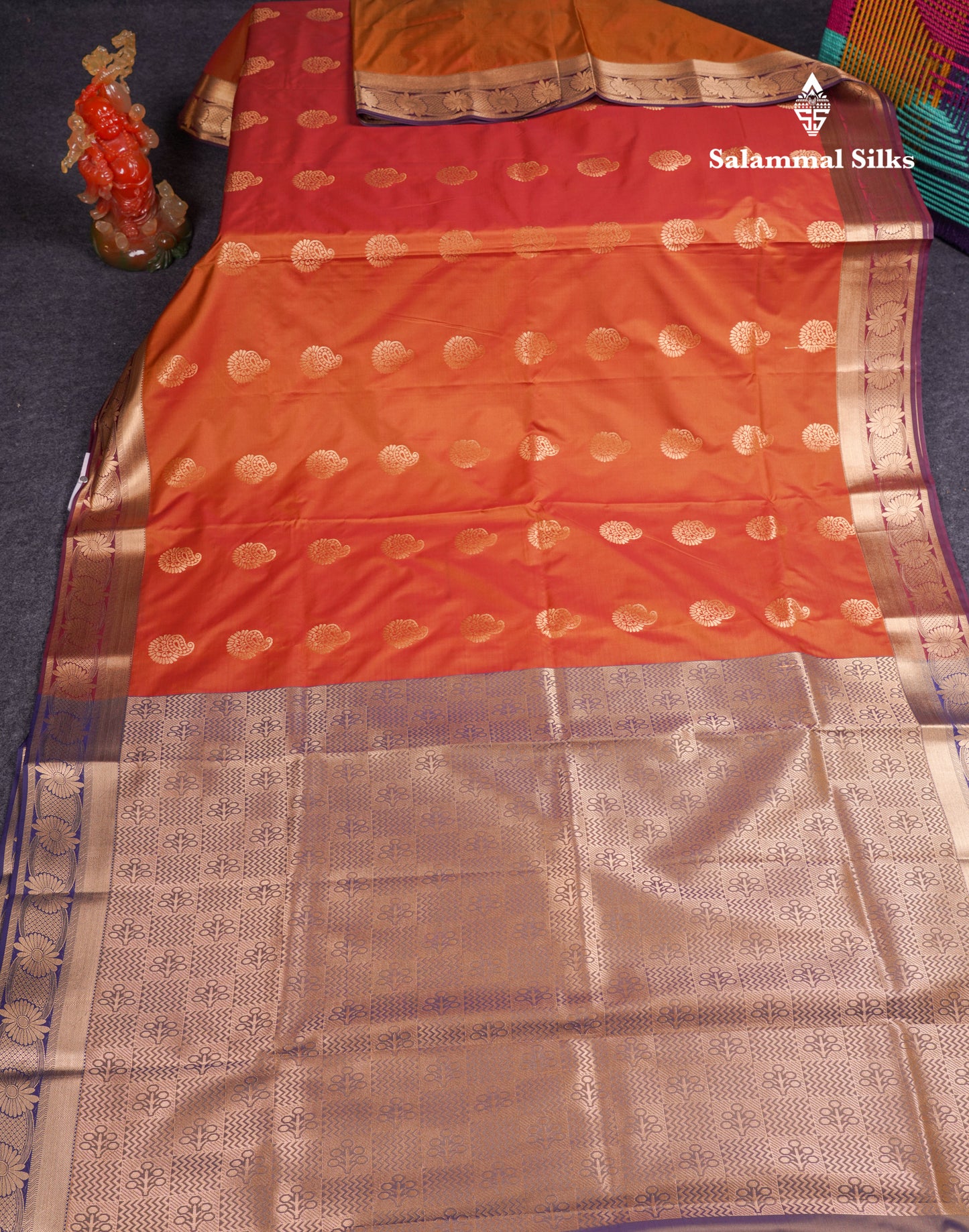 Beautiful Rust Orange Semi Silk Saree With Contrast Navy Blue Blouse