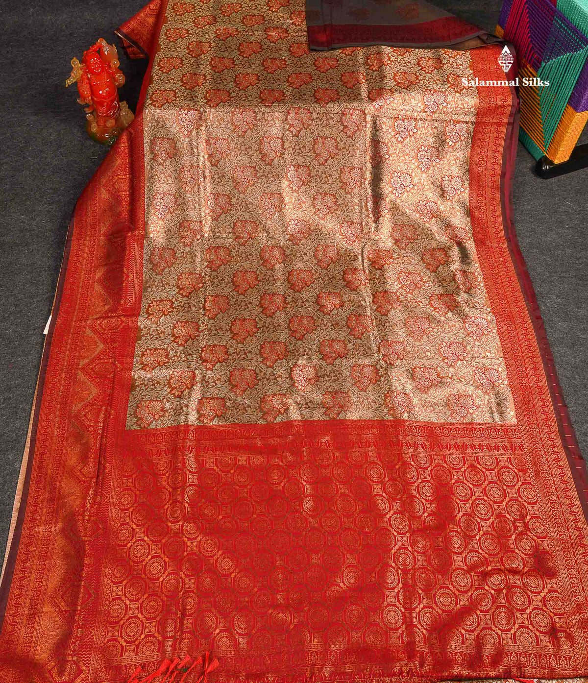 Semi Tussar Saree - Copper Colour Body Tissue With Contrast Maroon Fancy Border