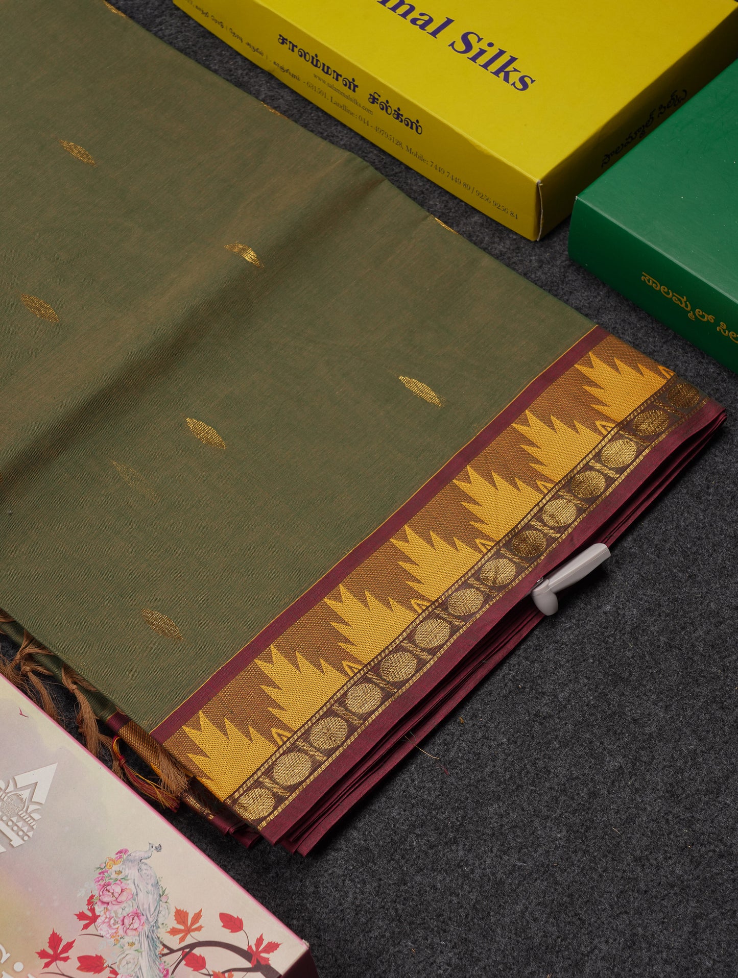 Beautiful Light Elaichi Green Pure Cotton Saree With Traditional Temple Border