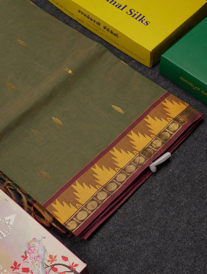 Beautiful Light Elaichi Green Pure Cotton Saree With Traditional Temple Border