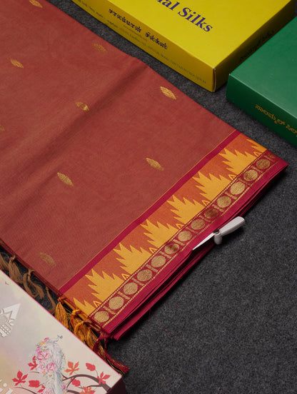 Beautiful Light Elaichi Green Pure Cotton Saree With Traditional Temple Border