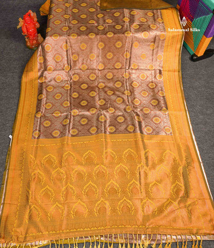 Semi Tussar Saree - Brown Colour Body Tissue With Contrast Yellow Fancy Border