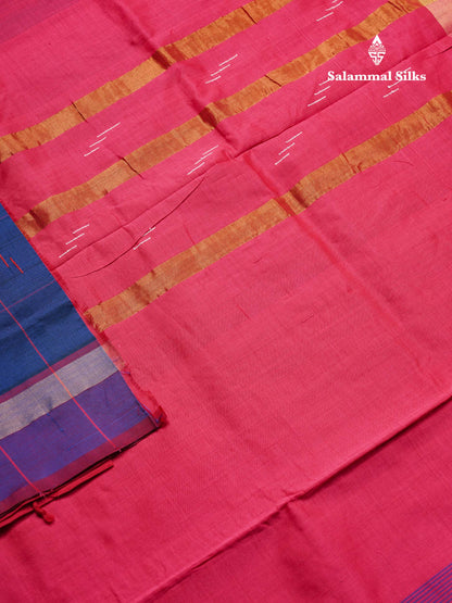 Beautiful Navy Blue Checks With Thread Butta Semi Silk Cotton Saree With Contrast Pink Blouse