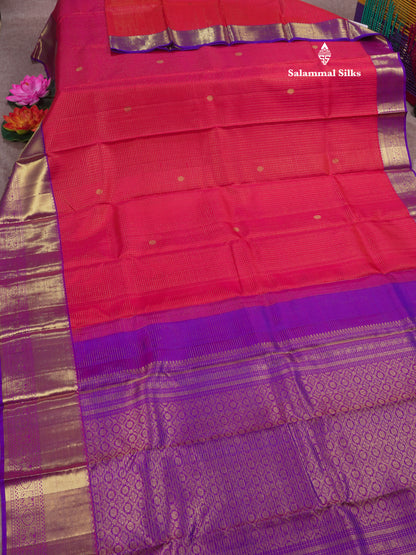 Kanjivaram Reddish Pink Pure Silk Saree With Contrast Violet Traditional Border