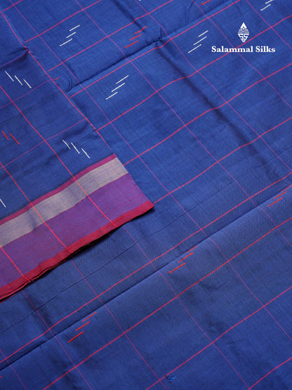 Beautiful Navy Blue Checks With Thread Butta Semi Silk Cotton Saree With Contrast Pink Blouse