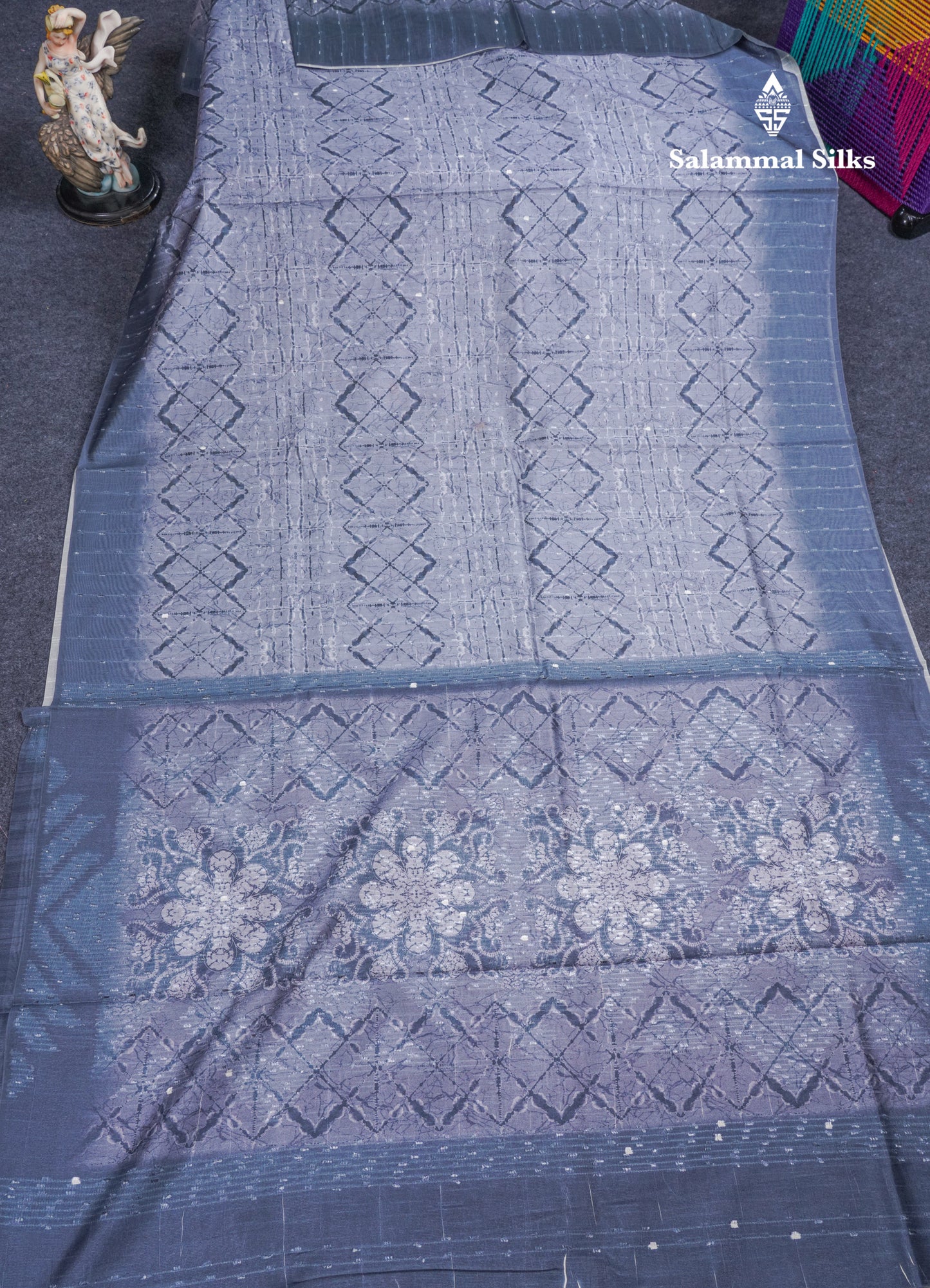 Elephant Grey Thread Work Printed Semi Tussar Fancy Saree With Contrast Grey Border