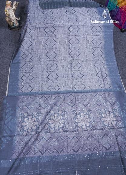 Elephant Grey Thread Work Printed Semi Tussar Fancy Saree With Contrast Grey Border