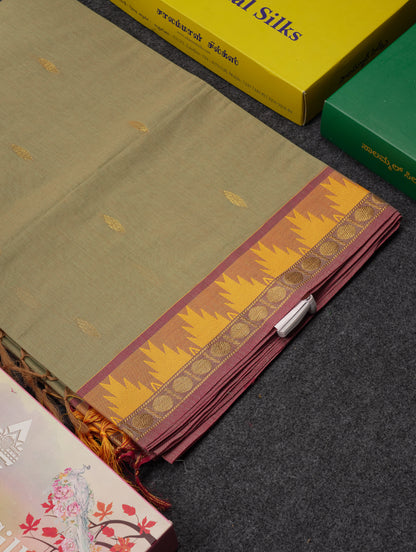 Beautiful Light Elaichi Green Pure Cotton Saree With Traditional Temple Border