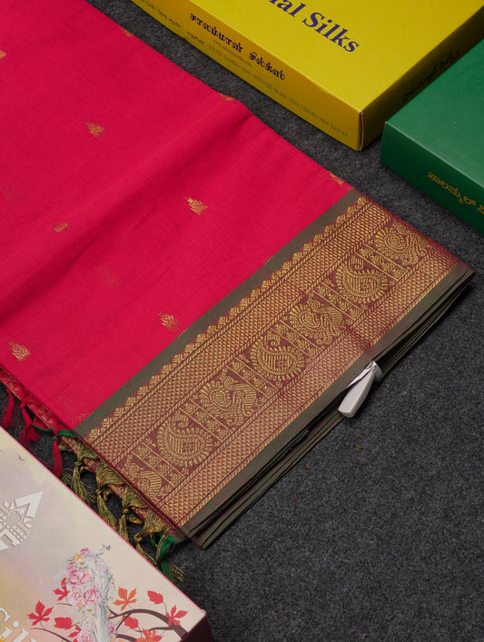Beautiful Pink Pure Cotton Saree With Contrast Dual Tone Green Traditional Border