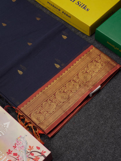 Beautiful Orange Pure Cotton Saree With Contrast Parrot Green Traditional Border