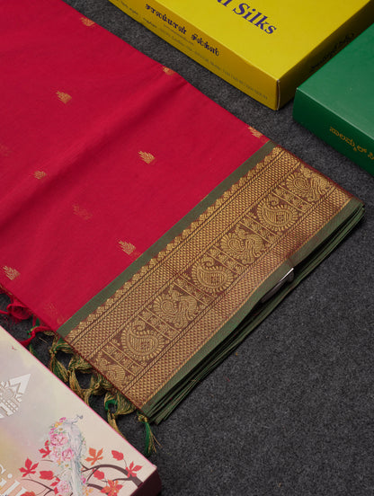Beautiful Orange Pure Cotton Saree With Contrast Parrot Green Traditional Border