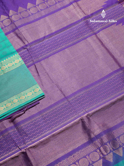 Beautiful Sapphire Green Checks With Butta Semi Silk Cotton Saree With Contrast Violet Blouse