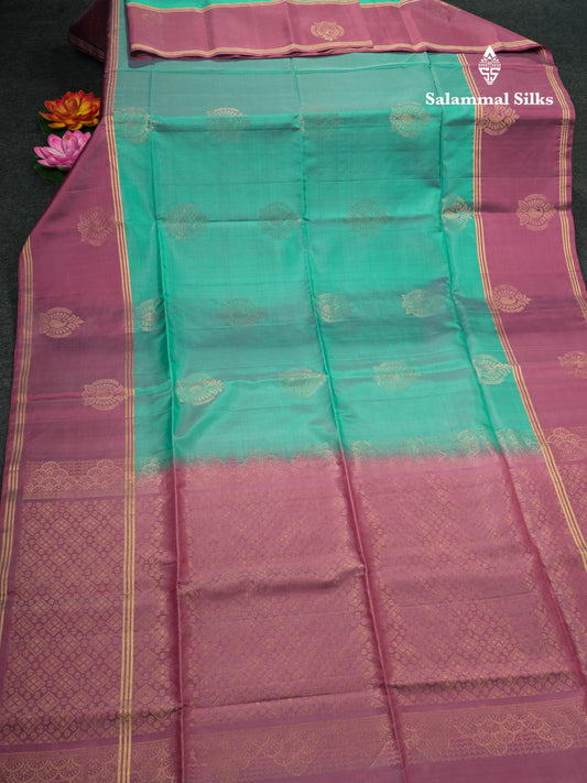 Beautiful Dual Tone Pastel Blue Pure Kanjivaram Soft Silk Saree With Contrast Pink Shade Fancy Border