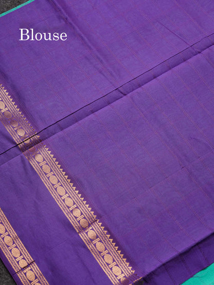 Beautiful Sapphire Green Checks With Butta Semi Silk Cotton Saree With Contrast Violet Blouse