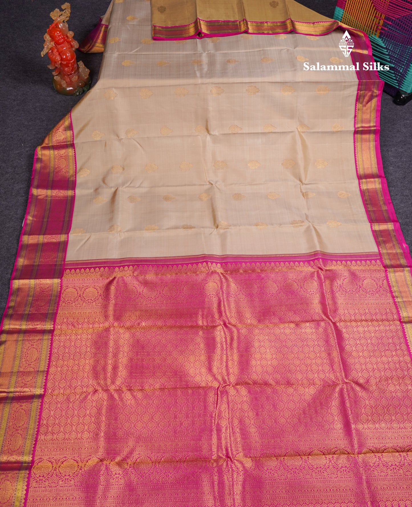 Beautiful Korvai Cream Sandal Pure Kanjivaram Silk Saree With Contrast Magenta Pink Traditional Evening Morning Border