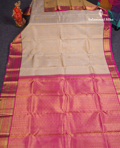 Beautiful Korvai Cream Sandal Pure Kanjivaram Silk Saree With Contrast Magenta Pink Traditional Evening Morning Border