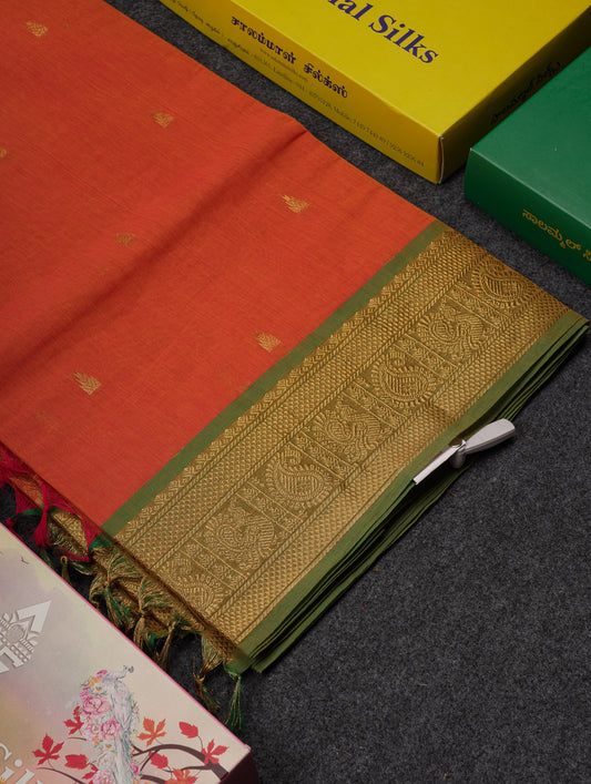 Beautiful Orange Pure Cotton Saree With Contrast Parrot Green Traditional Border