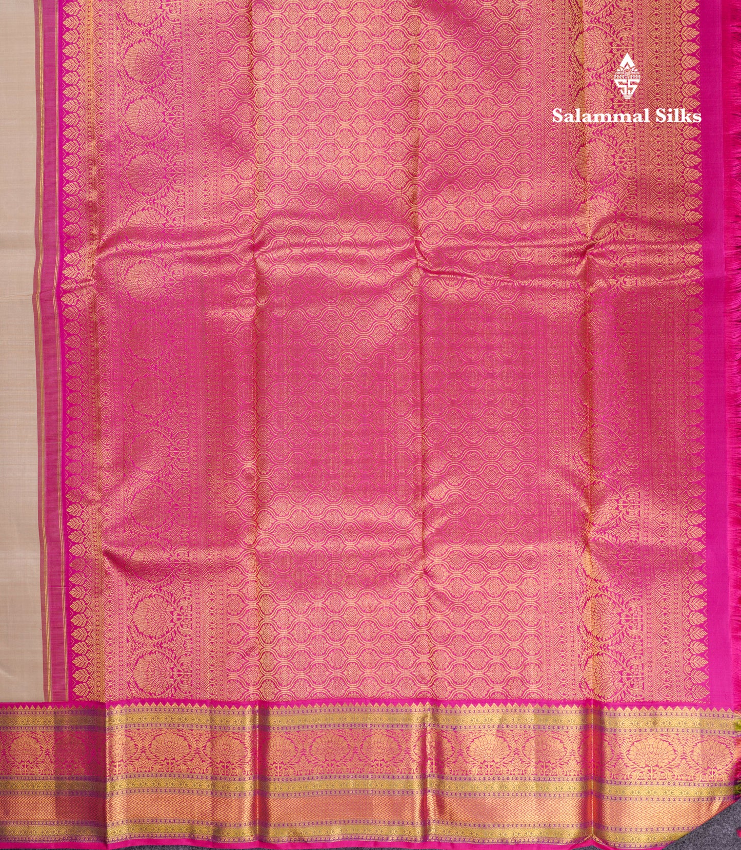 Beautiful Korvai Cream Sandal Pure Kanjivaram Silk Saree With Contrast Magenta Pink Traditional Evening Morning Border