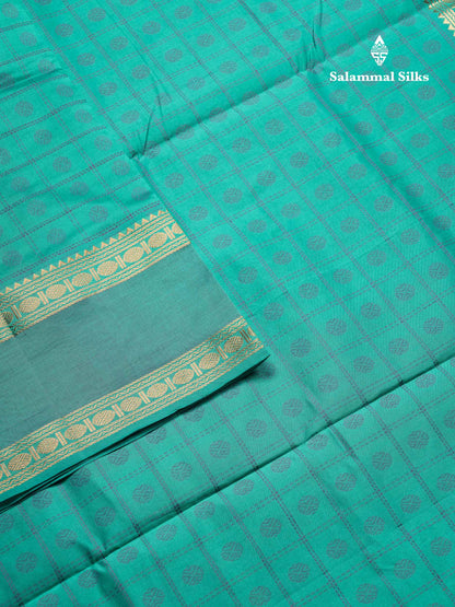 Beautiful Sapphire Green Checks With Butta Semi Silk Cotton Saree With Contrast Violet Blouse