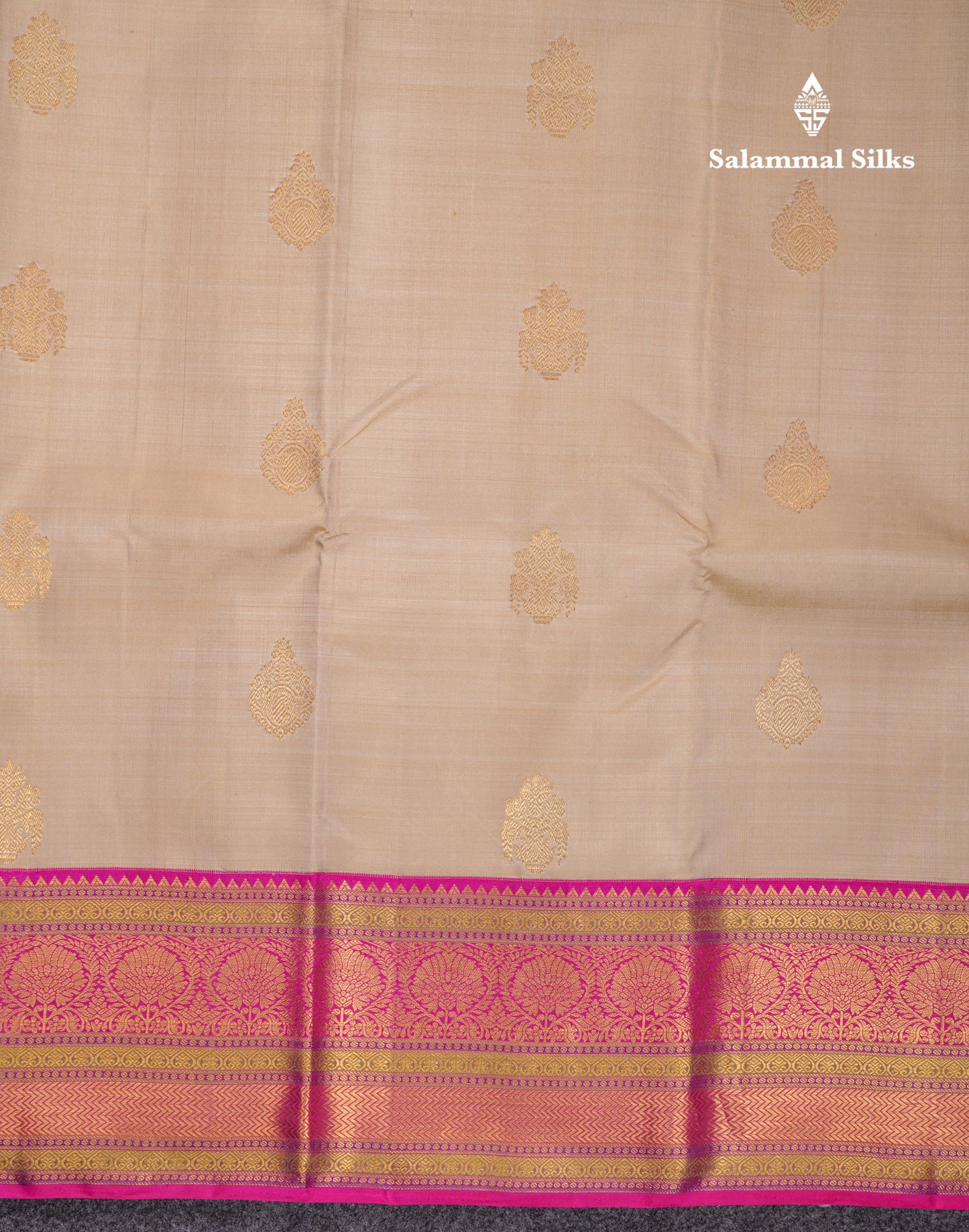 Beautiful Korvai Cream Sandal Pure Kanjivaram Silk Saree With Contrast Magenta Pink Traditional Evening Morning Border