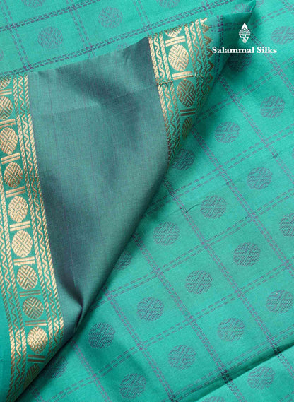 Beautiful Sapphire Green Checks With Butta Semi Silk Cotton Saree With Contrast Violet Blouse