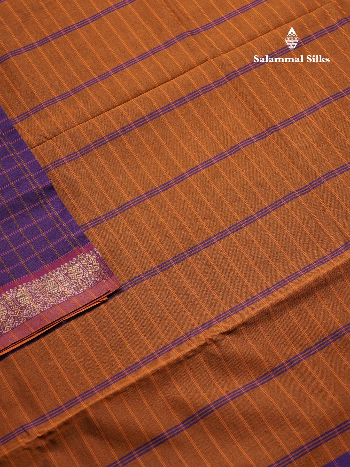 Beautiful Violet Small Checks Semi Silk Cotton Saree With Contrast Brown Blouse