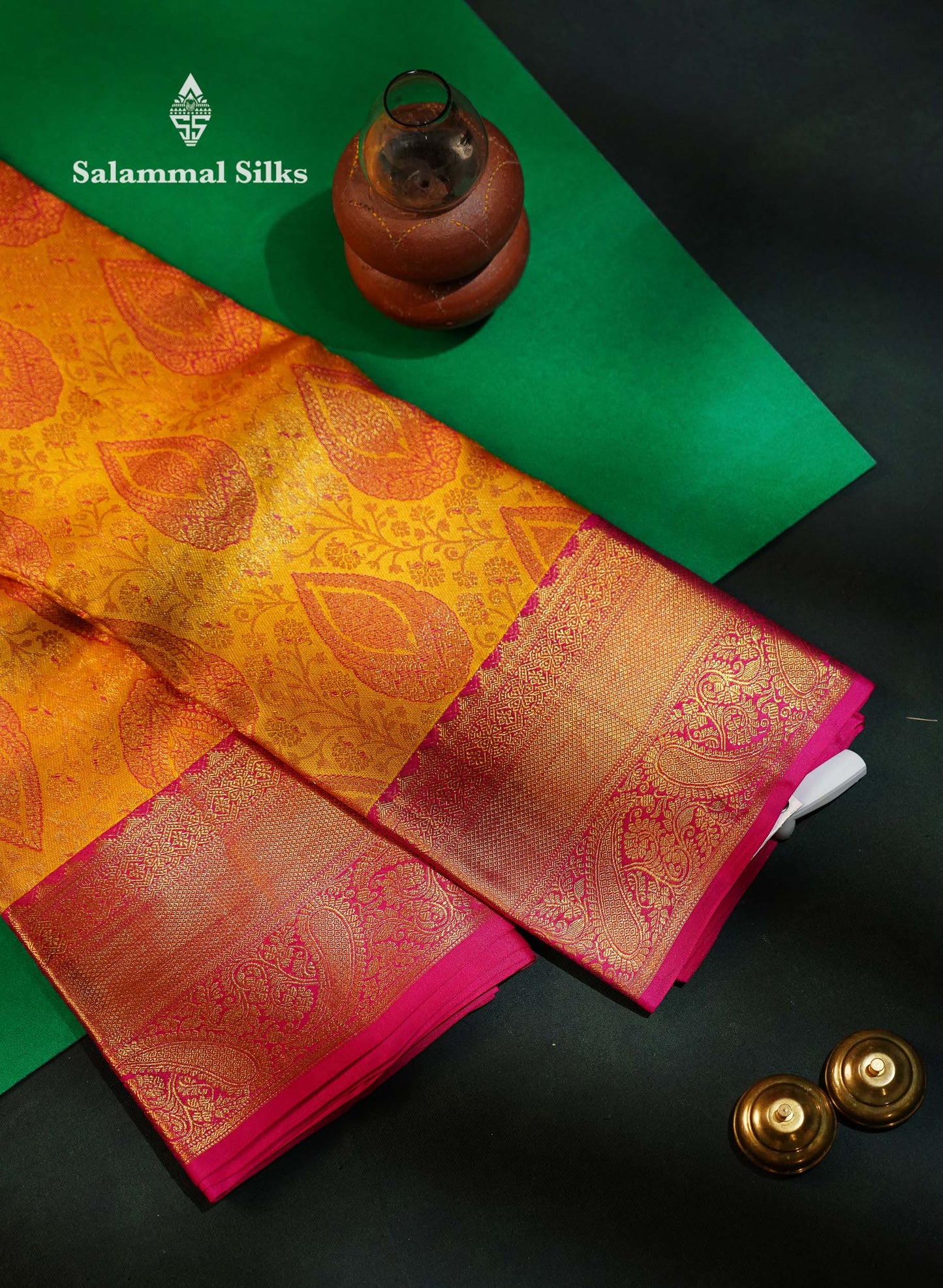 Yellow Meenakari Work Grand Bridal Pure Kanjivaram Silk Saree With Pink Border