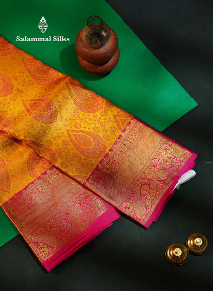 Yellow Meenakari Work Grand Bridal Pure Kanjivaram Silk Saree With Pink Border