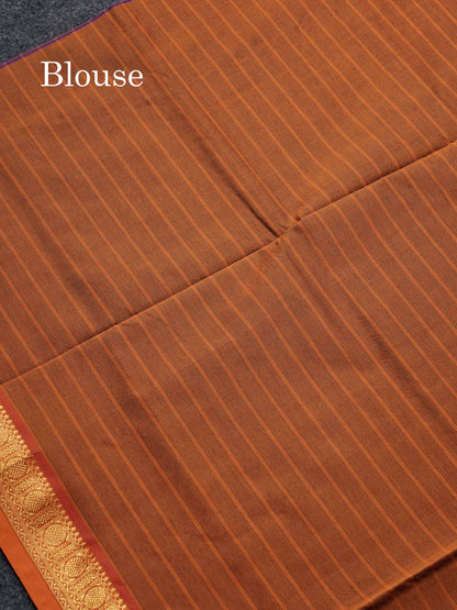 Beautiful Violet Small Checks Semi Silk Cotton Saree With Contrast Brown Blouse