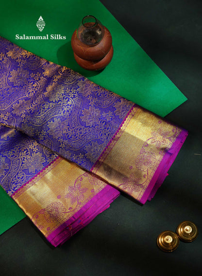 Beautiful Violet Bridal Pure Kanjivaram Silk Saree With Contrast Vadamalli Border