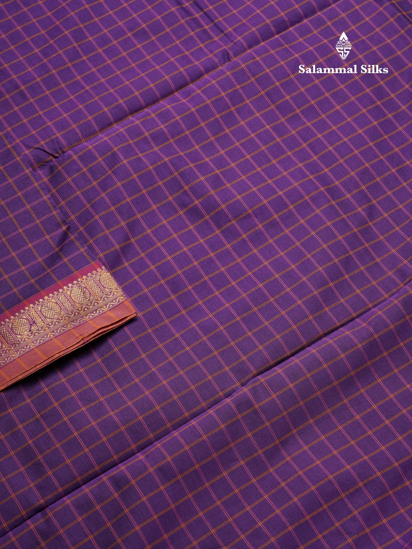 Beautiful Violet Small Checks Semi Silk Cotton Saree With Contrast Brown Blouse