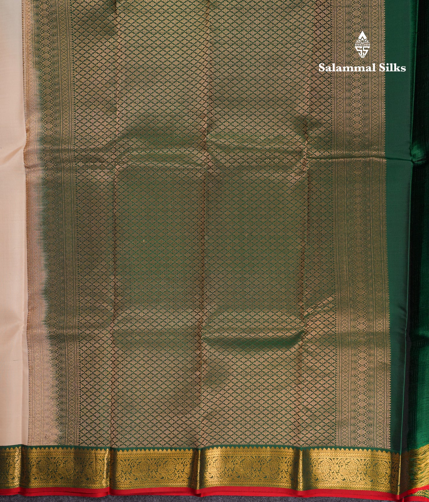 Beautiful Beige Pure Kanjivaram Silk Saree With Contrast Bottle Green Traditional Border